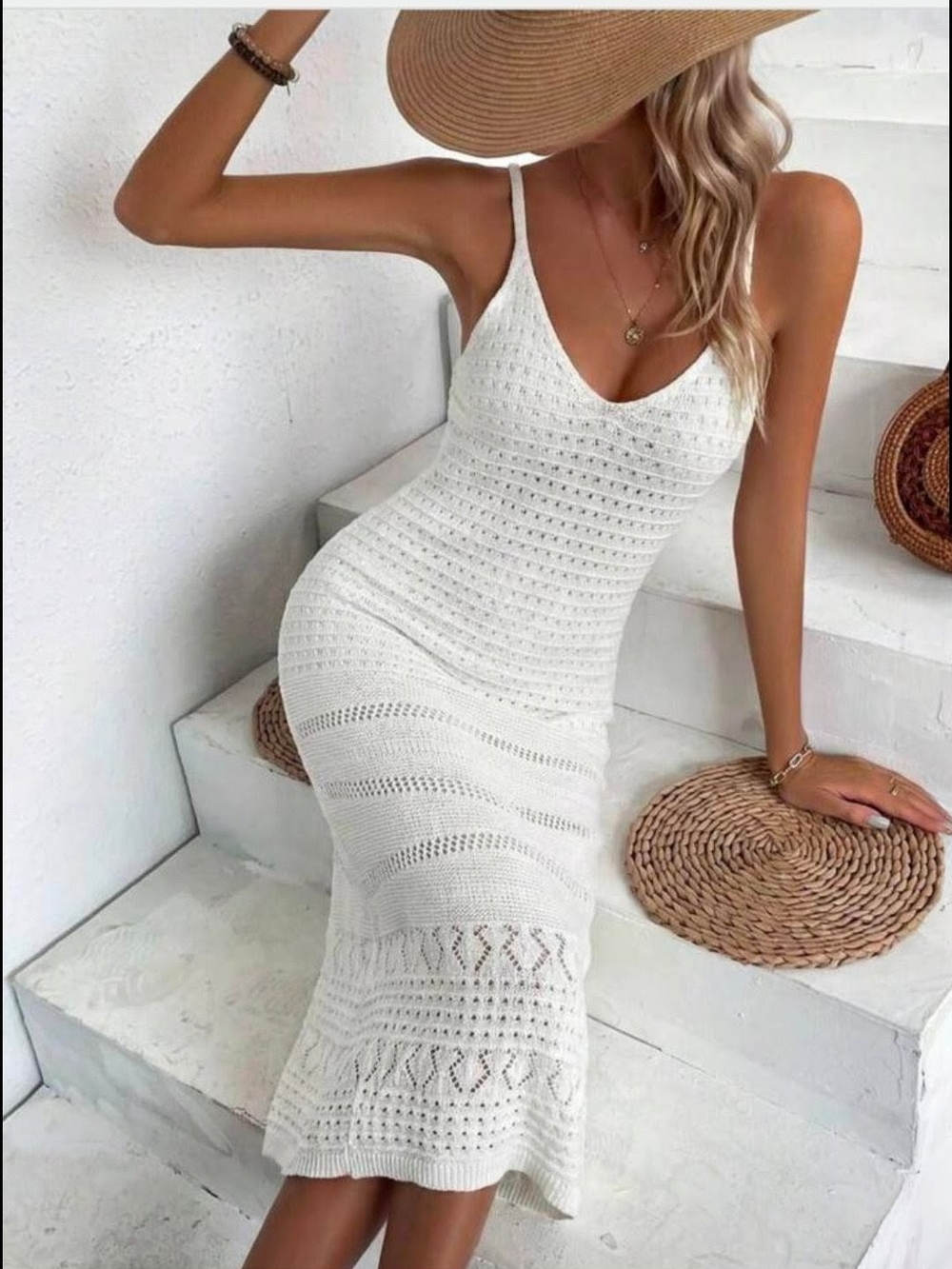 White Crochet Knit Midi Dress